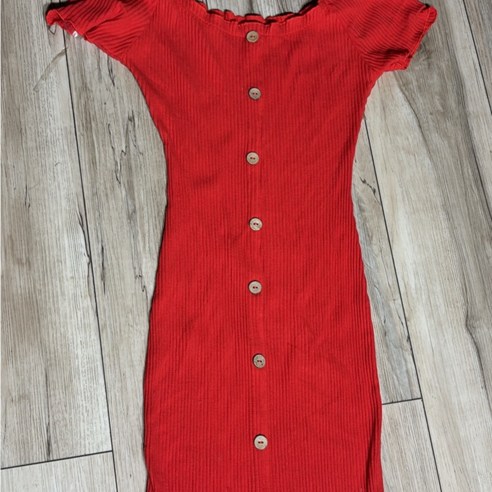 Red Button-Down Ribbed Dress